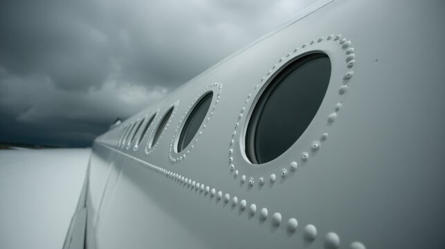 Close-up view of uniform rivets and oval windows along the metallic fuselage of an aircraft with a cloudy sky background.