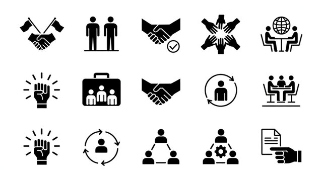 A collection of black icons representing business teamwork collaboration and professional networking Vector