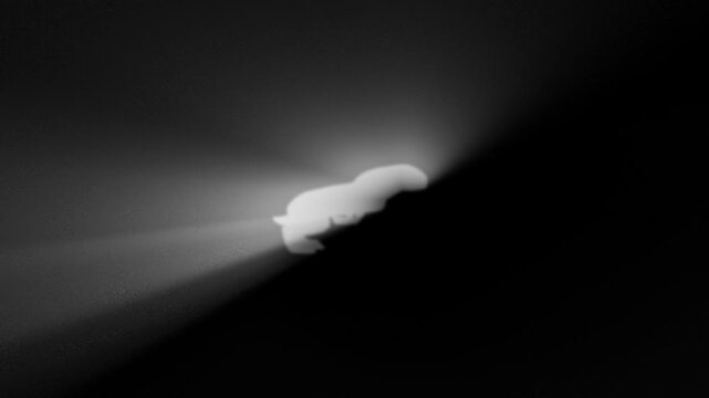 Seamless loop animation of glowing bunny silhouette running with radiant light rays on dark background. Soft blur and dramatic lighting create a mysterious and elegant visual for creative projects.