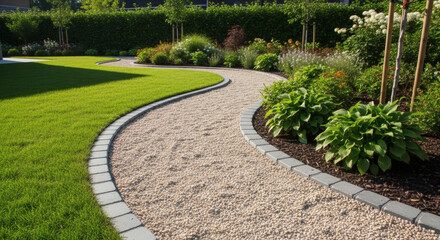 Obraz premium Beautifully landscaped garden featuring a graceful, curving gravel pathway, lush green lawn, and diverse plant beds, creating a serene outdoor living space perfect for relaxation and aesthetic appeal.