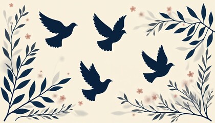 Fototapeta premium Four dark blue silhouette doves fly among delicate branches and small flowers. Peaceful nature scene with flying birds and botanical elements. Minimalist, elegant graphic composition for design.