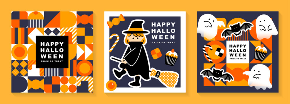 オレンジとネイビーのハロウィンポスター風イラスト3点セット 魔女とおばけのレトロポップベクター