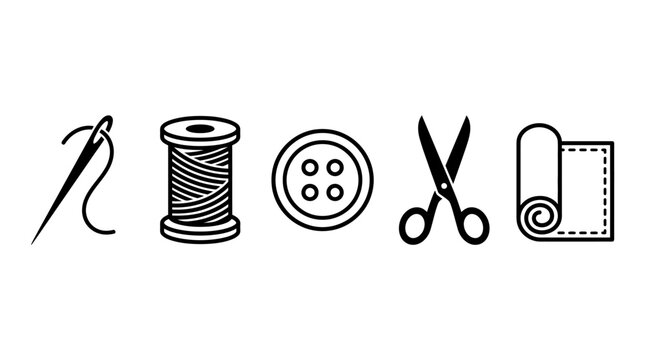 Sewing tools vector icons with needle, thread spool, button, scissors, fabric roll for tailoring, fashion design, textile craft, garment making, DIY projects illustration