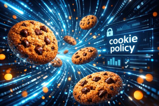 Cookie Policy: A visual representation of internet privacy, featuring a chocolate chip cookie alongside digital data streams, highlighting the concept of user data tracking.