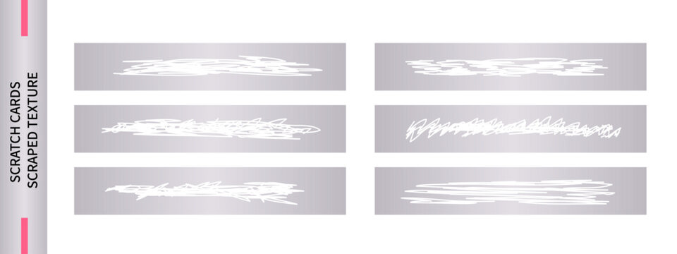 Set of damaged scratch card surface. Silver lottery ticket, sticker with worn layer. Used scratch card, collection of opened winning coupons, aged texture on the ticket. Vector illustration.