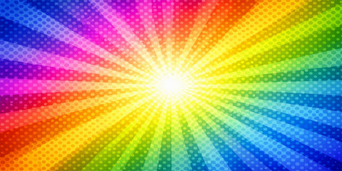 Obraz premium Bright abstract rainbow background with a colorful sun burst of orange and yellow light rays in a glowing summer vector illustration