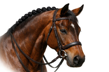Obraz premium Bay horse portrait with braided mane and leather bridle, equestrian dressage horse head isolated on white, chestnut stallion in show grooming