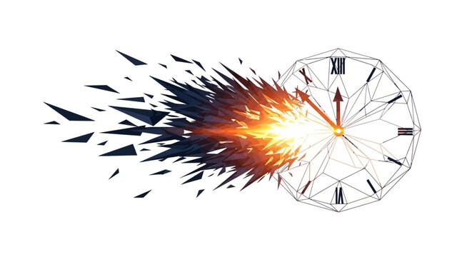 Exploding clock with roman numerals and fiery shards on white background symbolizing time running out