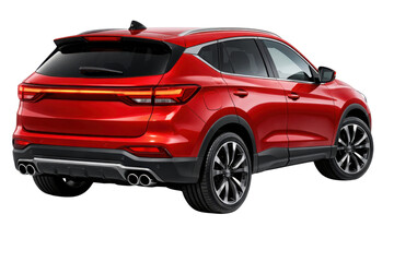 Obraz premium Modern red SUV car isolated on white, rear view of luxury crossover vehicle, metallic red family sport utility vehicle with led taillights