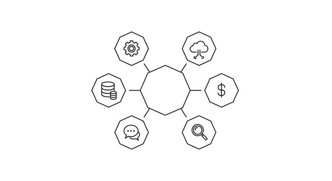 Business Strategy Mind Map with Icons: Gears, Cloud, Money, Search, Chat, Database
