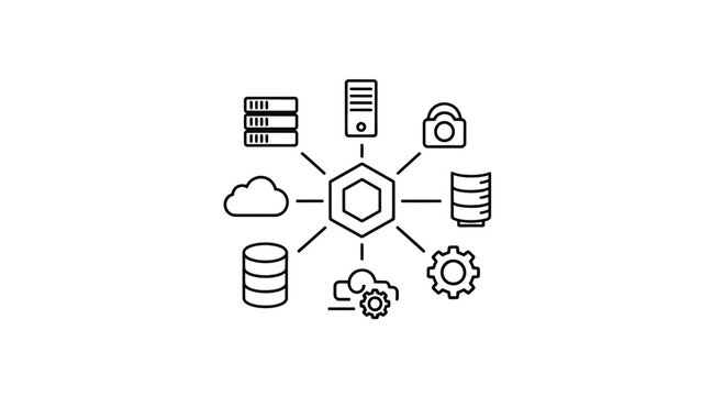 Centralized data management system with cloud, database, server, and security icons.