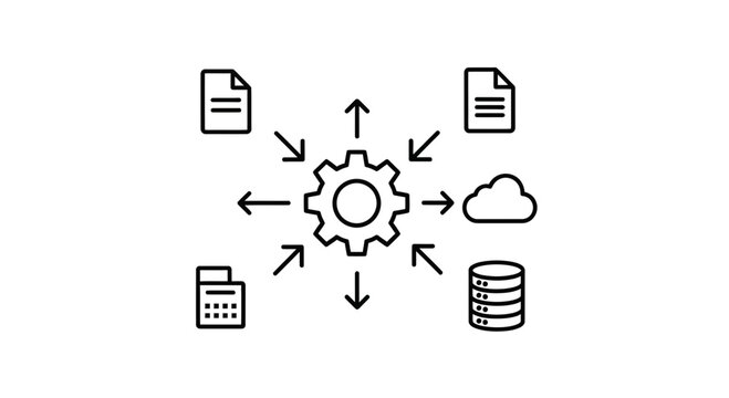 Centralized data processing and management with gear icon and surrounding elements