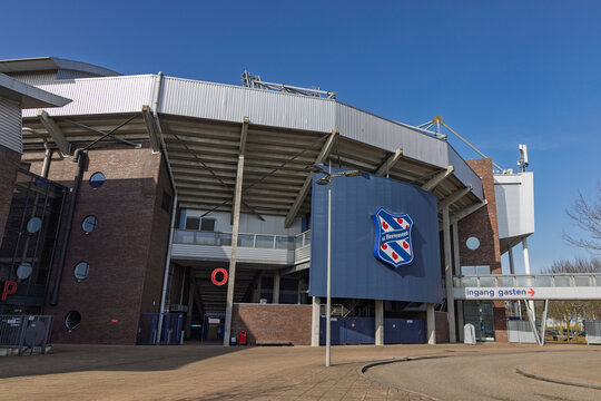 Heerenveen, Netherlands, 26 february 2026. Exterior view of the Abe Lenstra Stadion, home of sc Heerenveen football club, featuring modern architecture and club branding in the Netherlands.