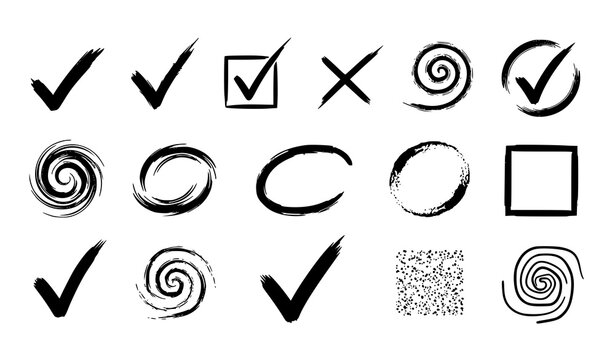 Hand drawn vector brushes and marks set check marks crosses circles squares strokes