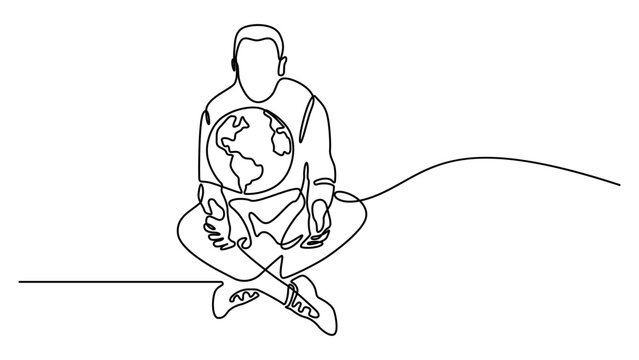 Man holding earth continuous one line drawing. Single line art illustration of man carry up the earth ball. Continuous one line drawing of young man holding Earth globe. Editable vector