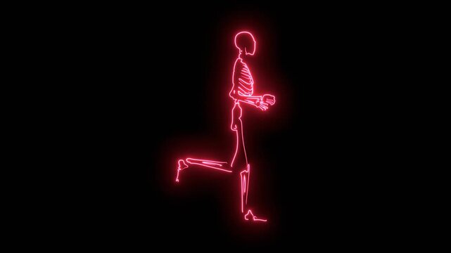 Halloween human skeleton jogging. Spooky party and festive design. Cartoon bone figure. Neon glowing silhouette.