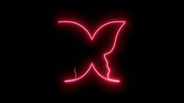 Silhouettes of two head. A butterfly or two face profile view. Optical illusion. Human head make silhouette of insect. Neon glowing.