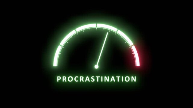 Neon glowing procrastination meter showing big risk levels. Increasing values of procrastination, critical overload. Too much, off the charts. Abstract meter scale with arrow. Time management concept.