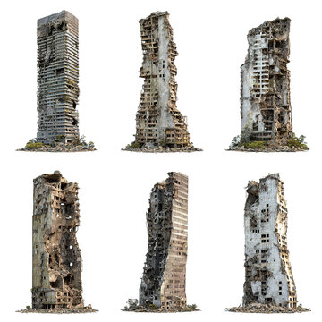 Set of Ruined Skyscrapers Isolated on transparent background