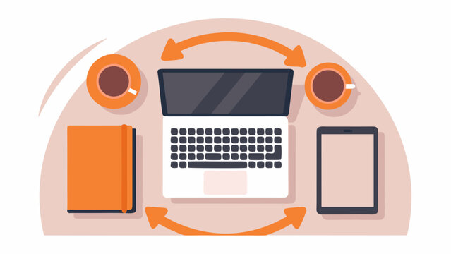 A minimalist vector graphic of a laptop and office supplies on a desk