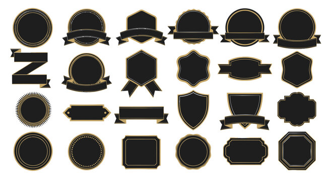 Collection of Black Emblems, Badges, and Labels with Gold Borders on White Background