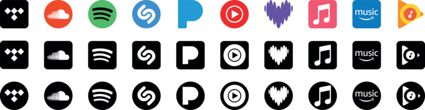 youtube music, soundcloud, apple music, spotify, deezer, tidal, amazon music, smule, google. Popular music song streaming brand icons. Editorial color and black logo set for popular music streaming se