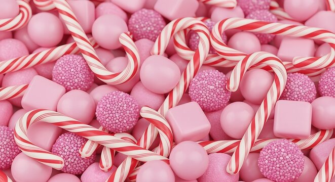 A vibrant close-up composition of pink candies and striped candy canes, creating a festive and sweet holiday treat display.