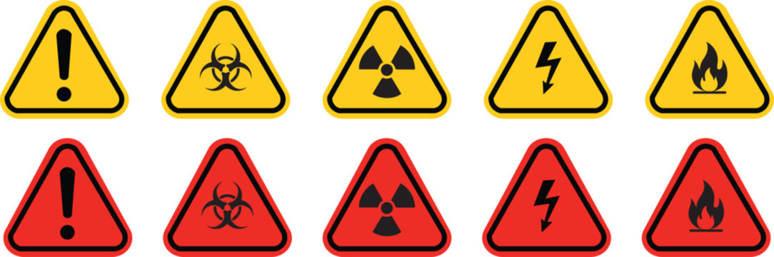 Collection of hazardous warning signs in yellow and red triangles and circles, featuring symbols for biohazard, radiation, electricity, and fire