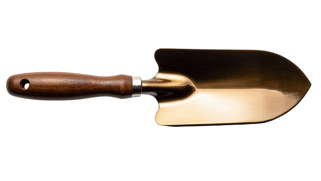 Shiny bronze gardening hand trowel with polished wooden handle and metal tang, isolated on transparent background for landscaping designs