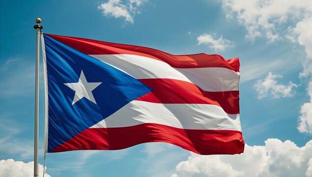 Puerto Rican flag waving in sky.