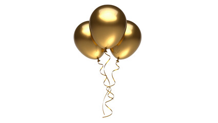 Shimmering metallic gold balloons three spherical shapes with curling ribbons, isolated on transparent background for celebratory designs © Bogdan