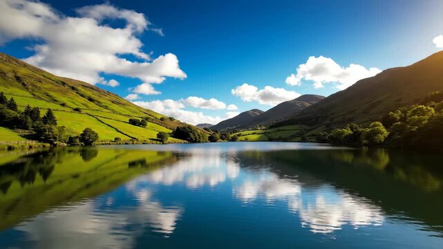 Vibrant green hills and blue sky reflecting in calm mountain lake