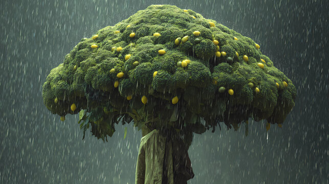 Whimsical person using a giant broccoli tree as an umbrella during a rain of lemon drops face hidden, Generative AI illustrations.