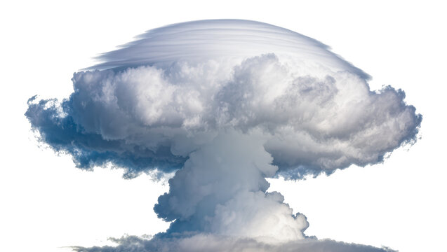 Towering mushroom cloud formation with swirling vapor trails, isolated on transparent background for disaster simulations and abstract art