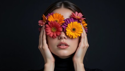 Naklejka premium Woman with colorful flowers covering her eyes on dark background