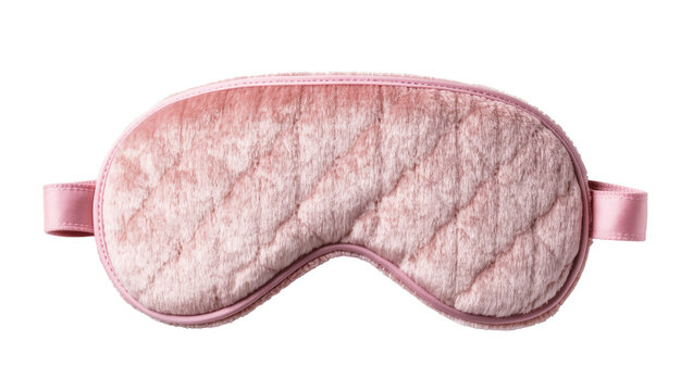 Soft pink plush sleep mask with quilted texture and satin ribbon ties, isolated on transparent background for spa and wellness promotions