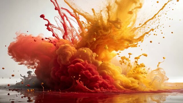 Fiery Orange and Red Smoke Explosion with Liquid Splatter, High Speed Capture