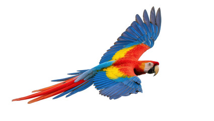 Vibrant scarlet macaw with brilliant blue and yellow plumage soaring gracefully, isolated on transparent background for tropical designs © Bogdan