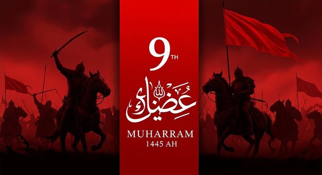 9th muharram 1445 ah commemoration graphic with warriors on horseback