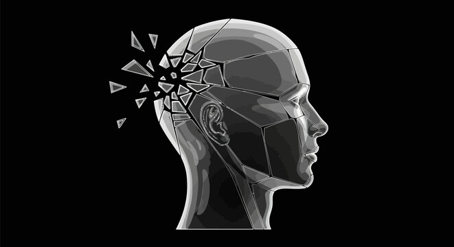 Digital human head with exploded brain symbolizing mental overwhelm and technological innovation