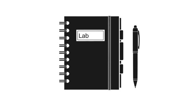 Black lab notebook and pen on white background for science research and education purposes