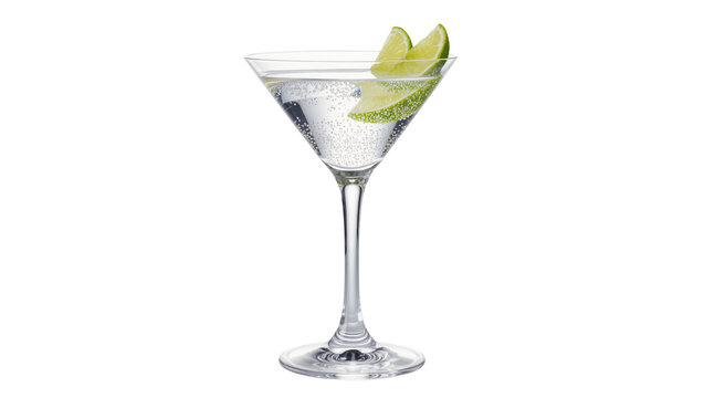 Sparkling clear lime gin fizz cocktail in elegant stemmed glass garnished with fresh lime wedge, isolated on transparent background for beverage ads