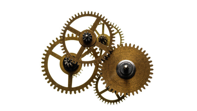Antique brass clockwork gears intricately detailed with tiny screws and rivets, isolated on transparent background for mechanical designs