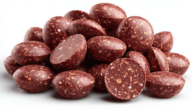 On a white background, a heap of round, porous clay pellets made from lightweight expanded clay aggregate (LECA