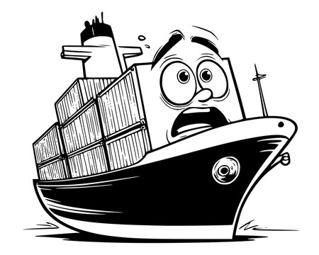 Scared container ship cartoon character 3/4 view worried expression standing pose black and white cargo vessel illustration isolated PNG