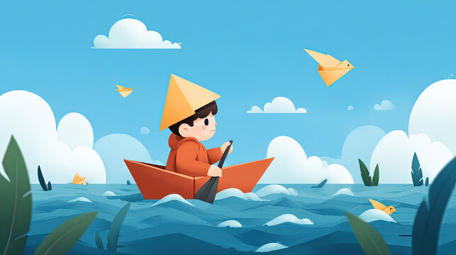 Cartoon illustration of a child in a paper boat on the ocean