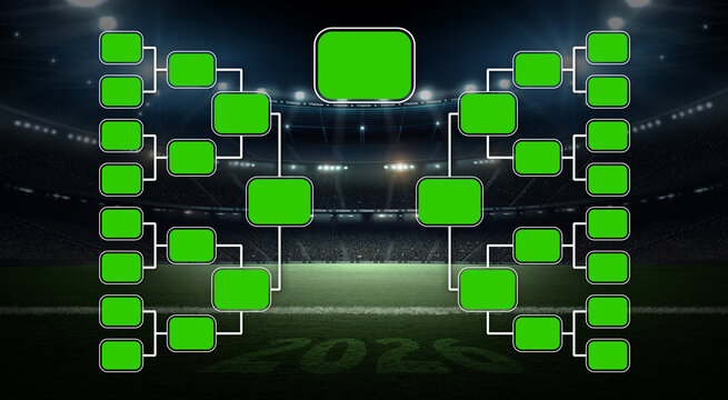 Soccer tournament bracket template with stadium background. An imaginary soccer stadium is modelled and rendered.
