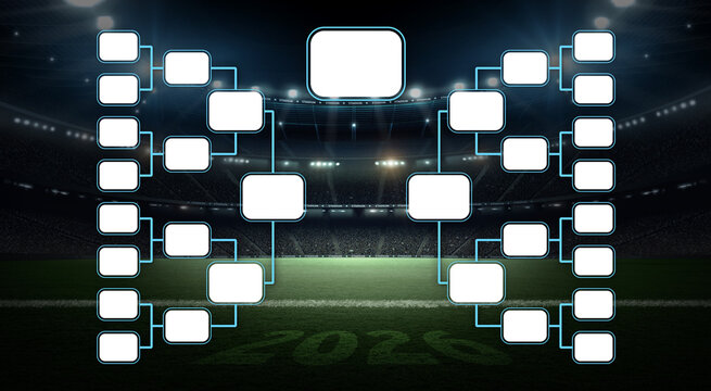 Soccer tournament bracket template with stadium background. An imaginary soccer stadium is modelled and rendered.