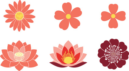Fototapeta premium Floral Icon Set with Abstract Flowers and Lotus Blossoms in Minimal Flat Design Style for Decorative Botanical and Nature Illustration