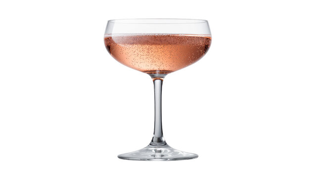 Elegant coupe glass filled with sparkling pink ros&eacute; wine effervescent bubbles rising, isolated on transparent background for beverage promotions